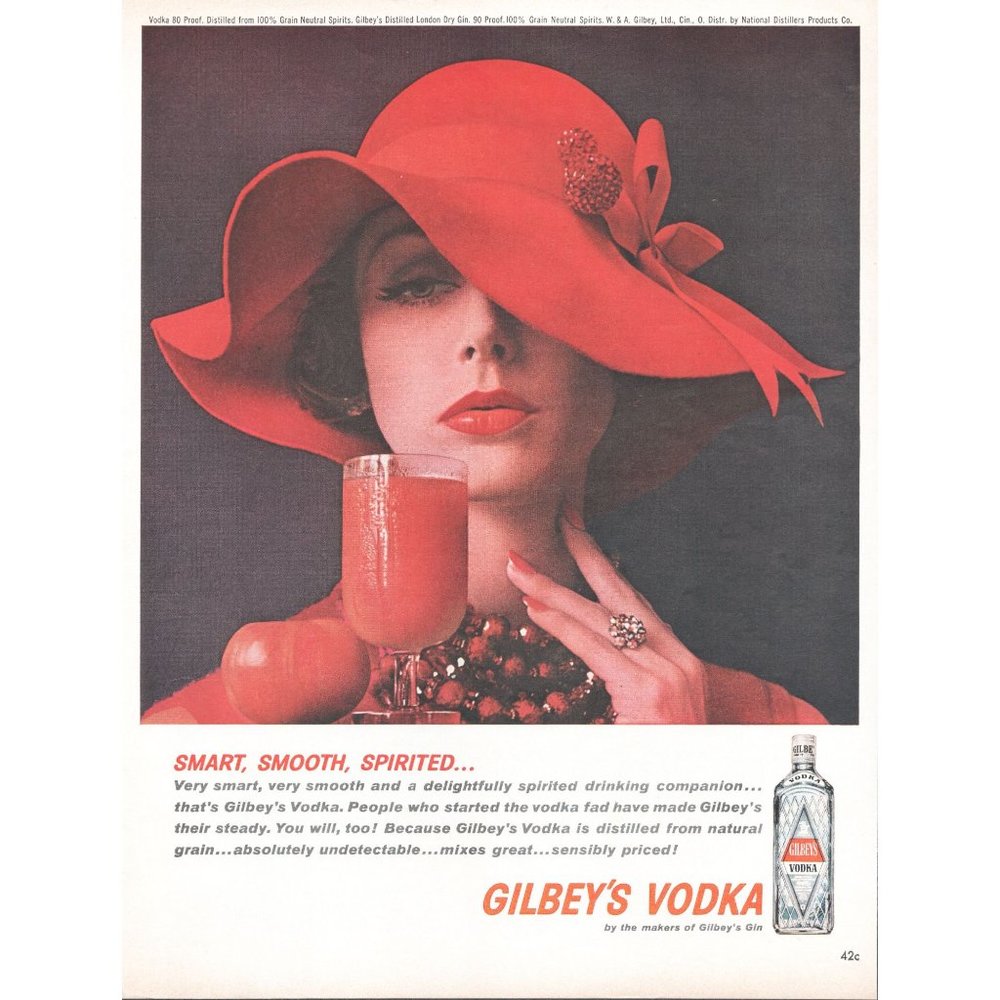 1961 Gilbey's Vodka Vintage Print Ad Lady in Red Hat Dress Lipstick Wall Art 60s